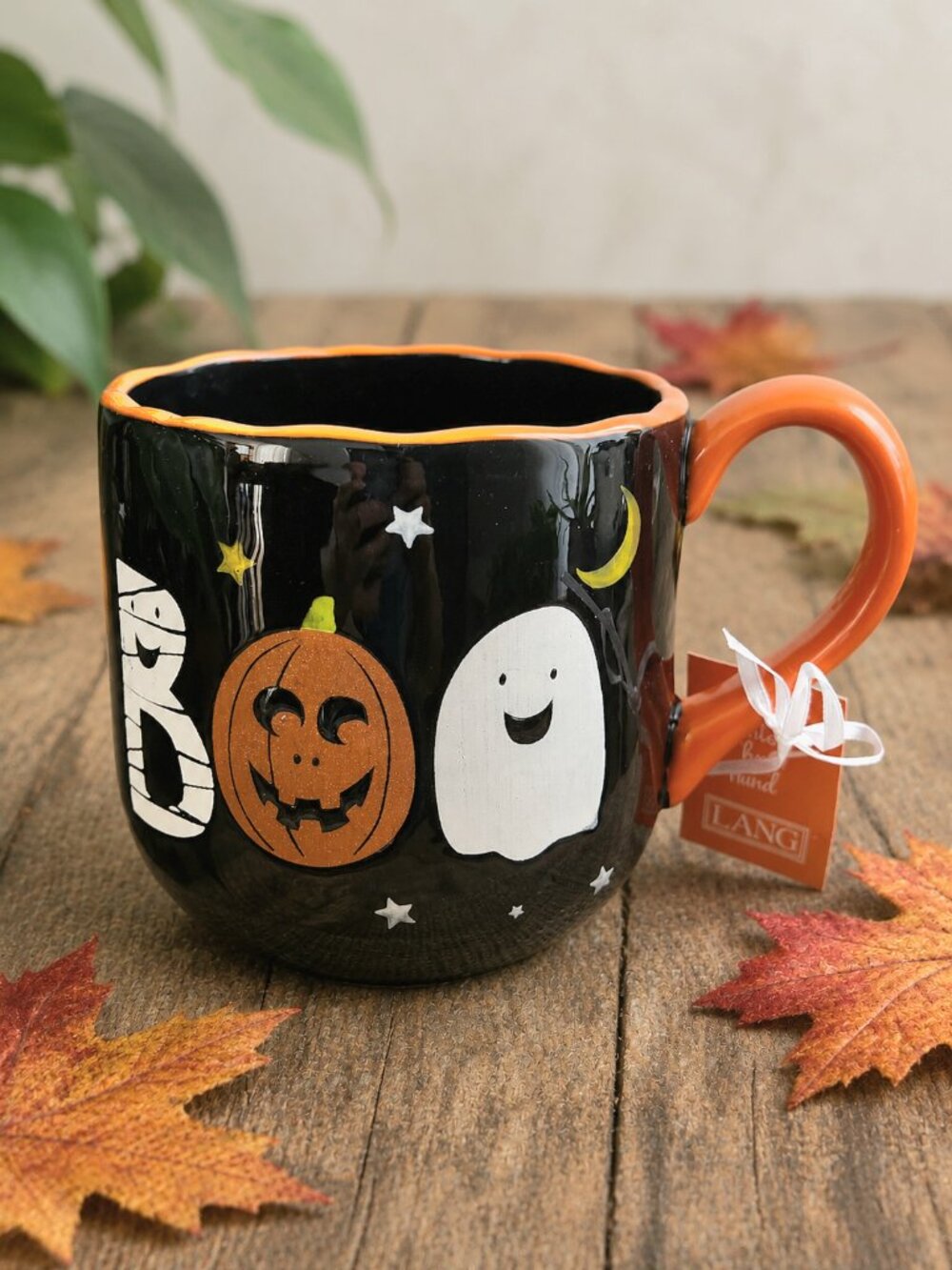 Lang By Design BOO Halloween Cup Mug Black Orange Ceramic 14 Oz